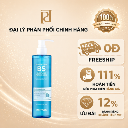 Sữa rửa mặt sạch sâu, phục hồi, cấp ẩm (PRETTYSKIN MULTI HYDRA B5 PURIFYING FOAMING GEL) dung tích: 300 ml, dạng chai lọ, hiệu PRETTYSKIN
